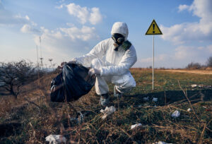 È importante imparare a riconoscere i rifiuti pericolosi: nell'immagine, un ricercatore in tuta protettiva che raccoglie i rifiuti in un'area a rischio biologico.